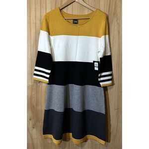 JH Womens Sweater Dress Sz XL Mustard Gray White Colorblock A-Line 3/4 Sleeve